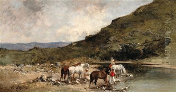 Halte Des Cavaliers Au Bord De L'oued Oil Painting by Victor Pierre Huguet