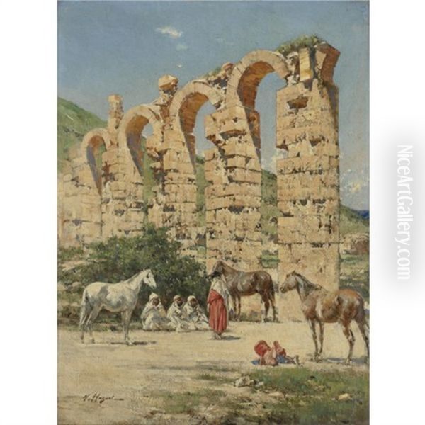 Horses Halted In Front Of The Ruins Of The Aqueduct Of The Oued Bella, Cherchell, Algeria Oil Painting by Victor Pierre Huguet