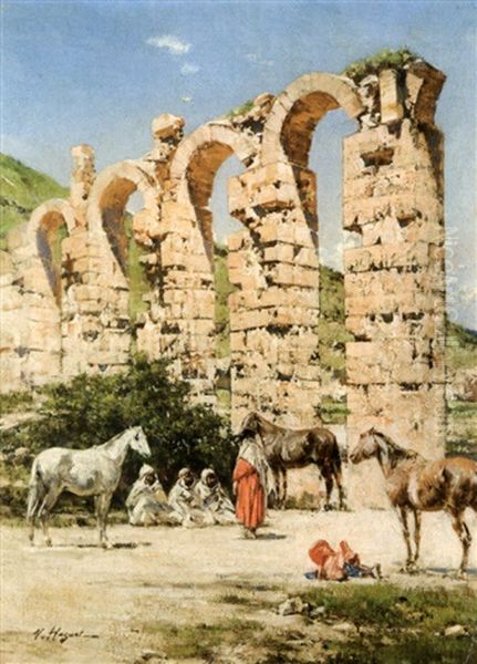 La Halte Des Chevaux Devant Les Ruines De L'aqueduc De L'oued Bella, Cherchell, Algerie Oil Painting by Victor Pierre Huguet