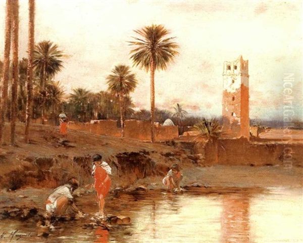 Fillettes Dans L'oued Oil Painting by Victor Pierre Huguet