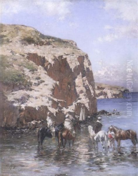 Cavaliers Au Pied D'une Falaise Oil Painting by Victor Pierre Huguet