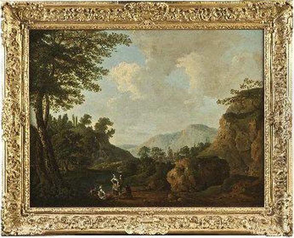 Rocky River Landscape With Figures Oil Painting by George Cuitt