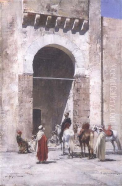 Cavaliers Devant La Grande Porte Oil Painting by Victor Pierre Huguet