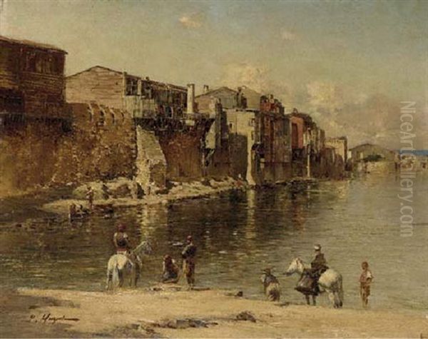 Figures At The Edge Of A River Bank Oil Painting by Victor Pierre Huguet