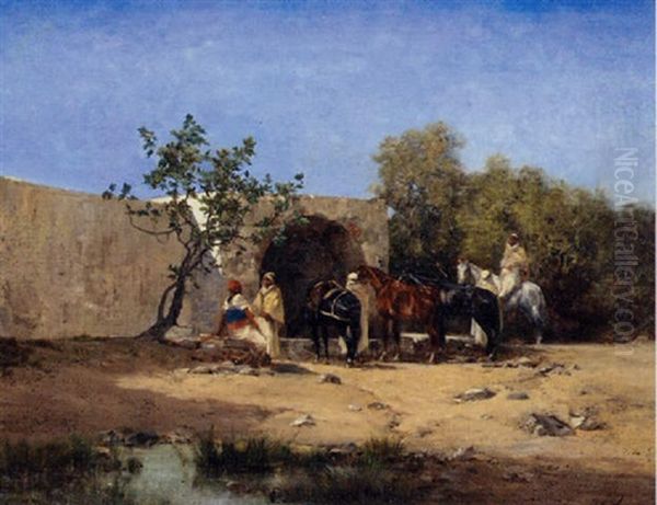 Arabian Figures And Horses At The Well Oil Painting by Victor Pierre Huguet