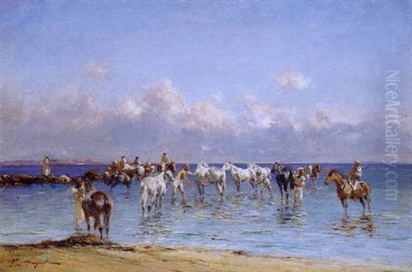 Le Lavage Des Chevaux Oil Painting by Victor Pierre Huguet