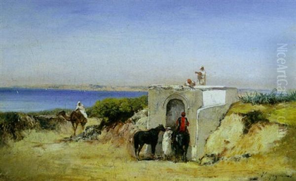 Arab Horseman At A Well With The Sea Beyond Oil Painting by Victor Pierre Huguet