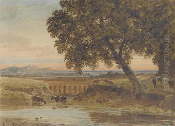 Cattle Watering Before A Viaduct Oil Painting by George Jnr Barrett