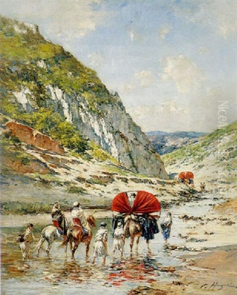 Travellers On Horseback Oil Painting by Victor Pierre Huguet