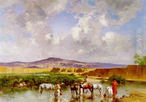 Watering At The Wadi Oil Painting by Victor Pierre Huguet