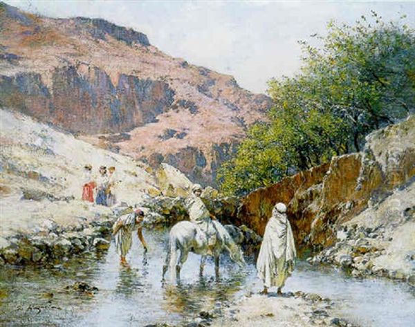 Rencontre Au Bord De L'oued Oil Painting by Victor Pierre Huguet