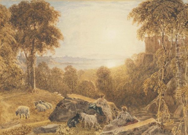 A Shepherd And Sheperdess With Their Flock In An Arcadian Landscape Oil Painting by George Jnr Barrett