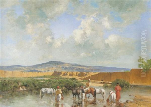 Watering At The Wadi Oil Painting by Victor Pierre Huguet