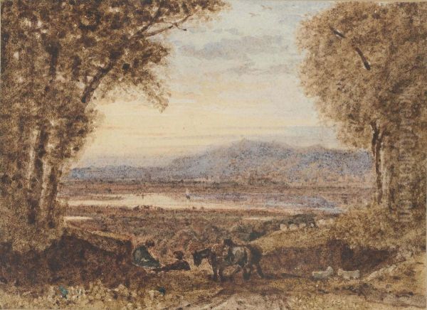 Travellers With Their Horses In An Extensive Landscape Oil Painting by George Jnr Barrett