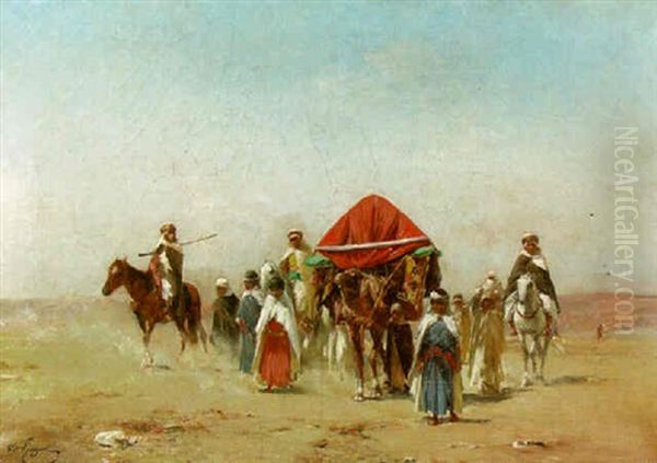 Desert Landscape With An Arab Caravan And Soldiers On Horseback Oil Painting by Victor Pierre Huguet