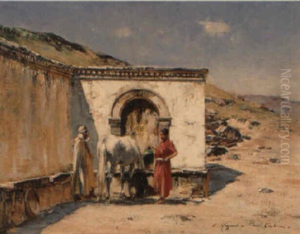 A La Fontaine Oil Painting by Victor Pierre Huguet