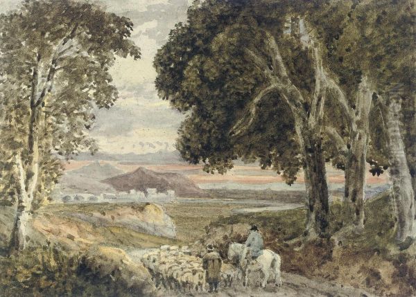 Shepherds With Their Flock At Sunset, In A Mountainous Landscape Oil Painting by George Jnr Barrett