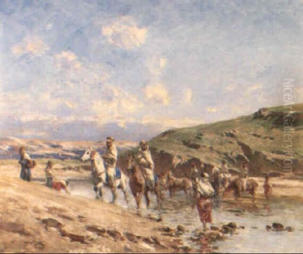 Arab Horsemen Fording A River by Victor Pierre Huguet