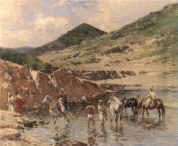 Watering The Horses Oil Painting by Victor Pierre Huguet