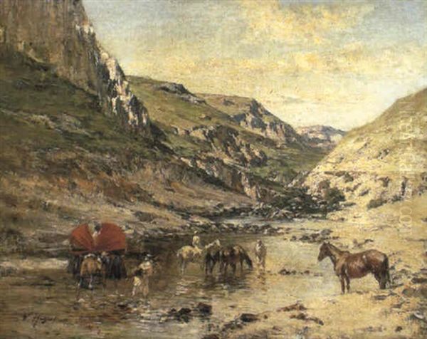 Arab Caravan In A River Valley Oil Painting by Victor Pierre Huguet