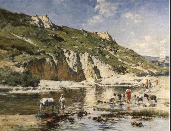 Les Lavandieres A L'oasis De Djebel El Hammah Oil Painting by Victor Pierre Huguet