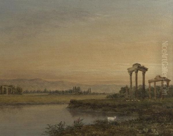 Italian Landscape With Classical Ruins Oil Painting by George Jnr Barrett