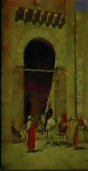 Arab Boys Outside The Mosque Oil Painting by Victor Pierre Huguet