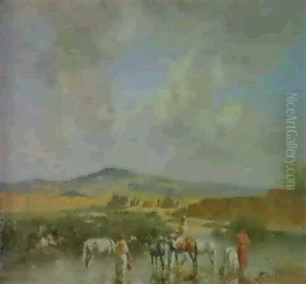 Chevaux Arabes S'abreuvant Dans L'oued Oil Painting by Victor Pierre Huguet