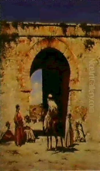 Devant La Porte D'une Ville Algerienne Oil Painting by Victor Pierre Huguet