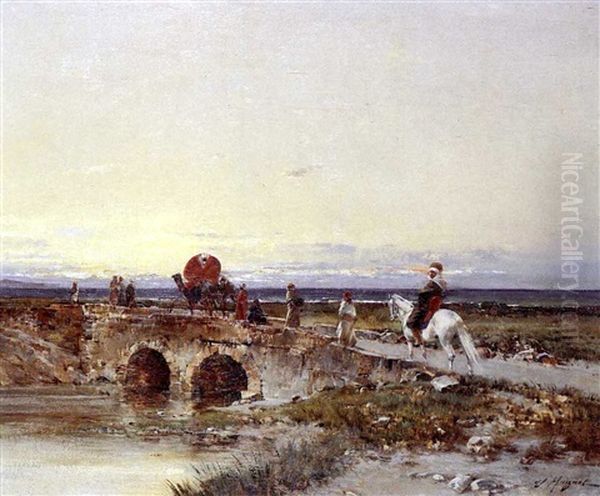 Arab Caravan Crossing A Bridge Oil Painting by Victor Pierre Huguet