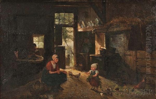 Mother And Child With Flowers In A Barn Interior Oil Painting by Jan Derk Huibers