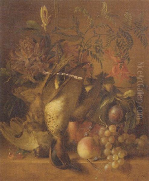 A Still Life With Flowers, Plums, Peaches, Grapes And Birds by Geertruida Margaretha Huidekoper