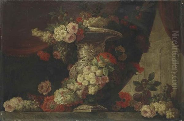 Nature Morte De Fleurs Et Fruits Sur Un Entablement Oil Painting by Claude Nicolas Huilliot