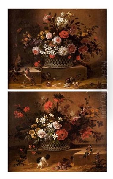 Panier De Fleurs Avec King Charles, Oiseau Et Fruits (+ Panier De Fleurs Dispose Sur Un Entablement Anime De Dogue Et Ecureuil; Pair) Oil Painting by Claude Nicolas Huilliot