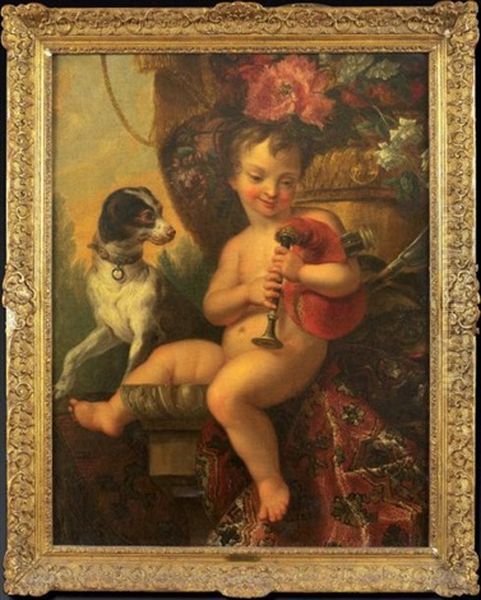 Amour Berger Pres De Son Chien, Avec Sa Musette Et Sa Houlette, Assis Sur Un Tapis Sous Une Vasque De Fleurs Oil Painting by Claude Nicolas Huilliot