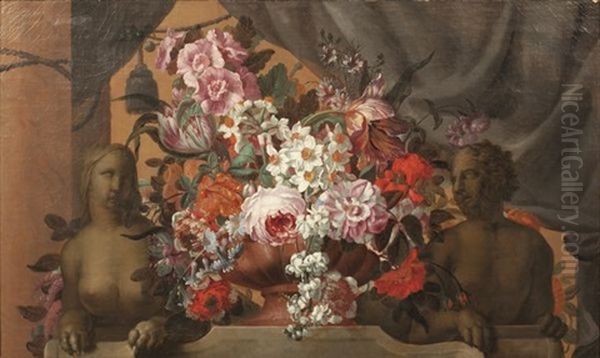 Compositions Florales Dans Des Vases De Pierre Entoures D'un Sphinx Et D'une Sphinge (pair) Oil Painting by Claude Nicolas Huilliot