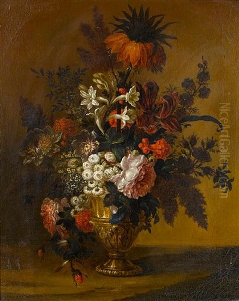 Tulips, Convolvulus, Roses And Other Flowers In A Bronze Urn On A Stone Ledge Oil Painting by Claude Nicolas Huilliot