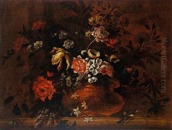 Vase De Fleurs Sur Un Entablement: Pavot, Anemone Double, Oeillets, Tulipe Et Jasmins Oil Painting by Claude Nicolas Huilliot