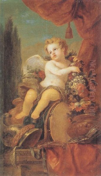 A Putto Holding A Garland Of Flowers And Seated On A Drum, With A Helmet, A Sword And Other Objects Oil Painting by Claude Nicolas Huilliot