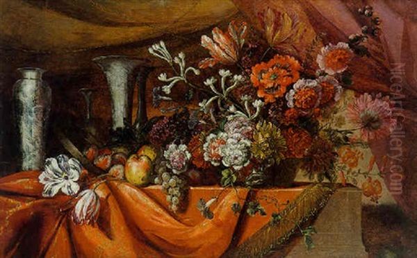 Coupe De Fleurs, Fruits Et Vases Voisinant Sur Un Entablement En Partie Recouvert De Brocart Rouge Et Or Oil Painting by Claude Nicolas Huilliot