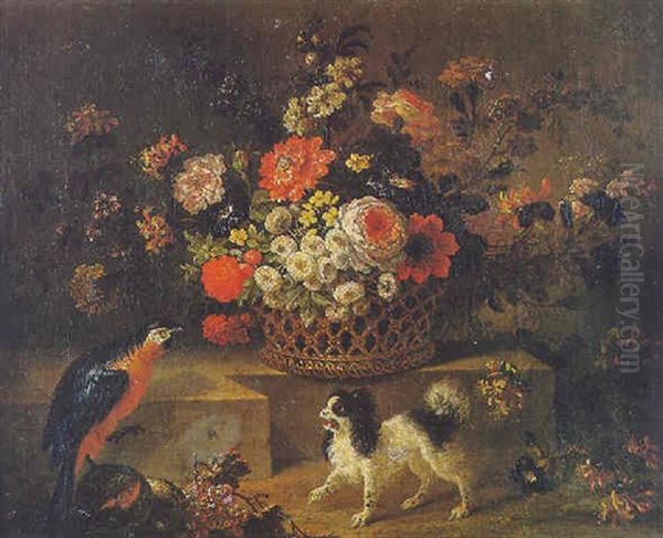 Nature Morte Au Panier De Fleurs, Perroquet Et Chien Oil Painting by Claude Nicolas Huilliot