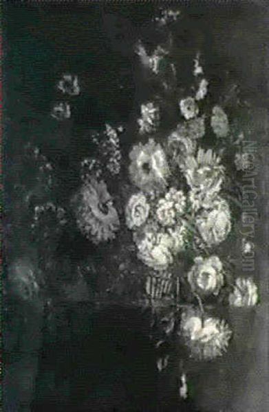 Bouquets De Pivoines Dans Un Panier D'osier Sur Un          Entablement Oil Painting by Claude Nicolas Huilliot