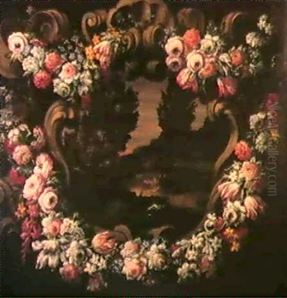 Une Guirlande De Roses, Tulipes, Pivoines Et Autres Fleurs  Autour D'un Cartouche De Pierre Et Dans La Reserve Oil Painting by Claude Nicolas Huilliot