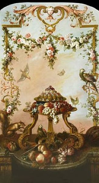 Une Guirlande De Roses, Tulipes, Pivoines Et Autres Fleurs  Autour D'un Cartouche De Pierre Et Dans La Reserve Oil Painting by Pierre Nicolas Huilliot