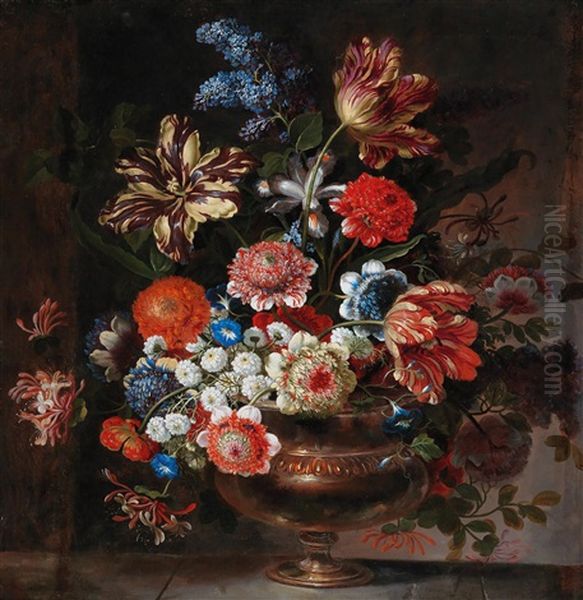 A Flower Still Life With Chrysanthemums And Tulips In A Bronze Vase Oil Painting by Pierre Nicolas Huilliot