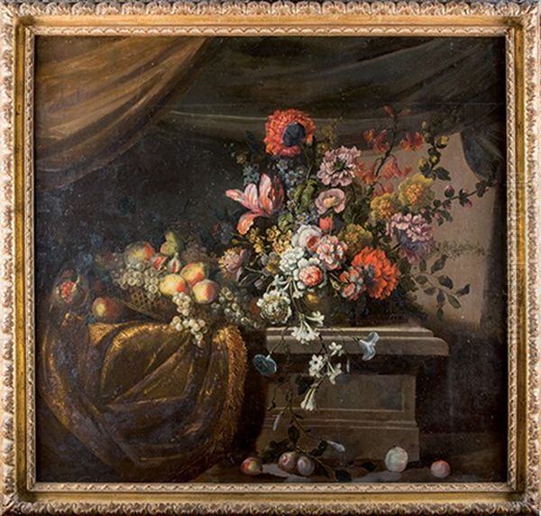 Nature Morte Aux Fleurs Sur Un Entablement Oil Painting by Pierre Nicolas Huilliot