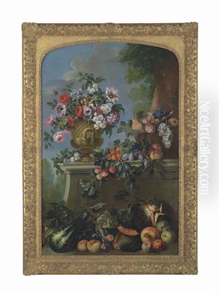 Roses, Peonies And Other Flowers In An Urn, Grapes And Peaches In A Basket On A Ledge, With Further Overflowing Fruit Oil Painting by Pierre Nicolas Huilliot