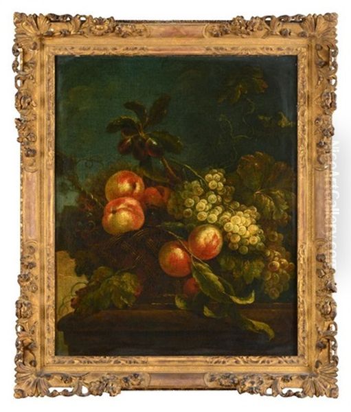 Corbeille De Peches Et Raisins Sur Un Entablement Oil Painting by Pierre Nicolas Huilliot