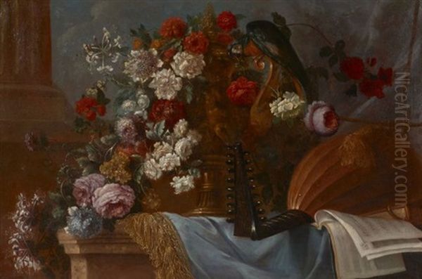 Luth, Partition Et Bouquet De Fleurs Dans Un Vase D'orfevrerie Sur Un Entablement Oil Painting by Pierre Nicolas Huilliot