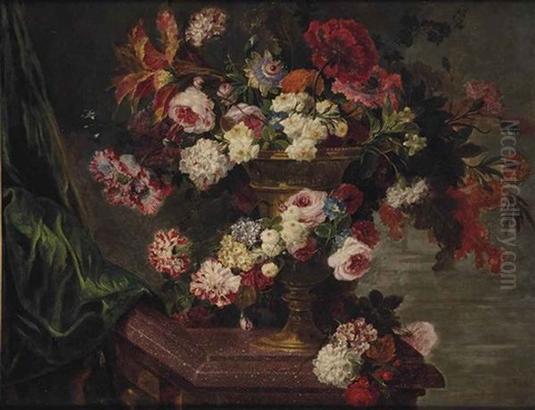 Bouquet De Fleurs Dans Un Vase Sur Une Table En Porphyre Oil Painting by Pierre Nicolas Huilliot